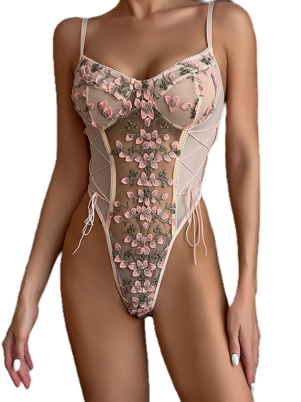 7964 ‘s Sexy Fun Up Lace Floral Embroidered Teddy Lingerie Bodysuit Top